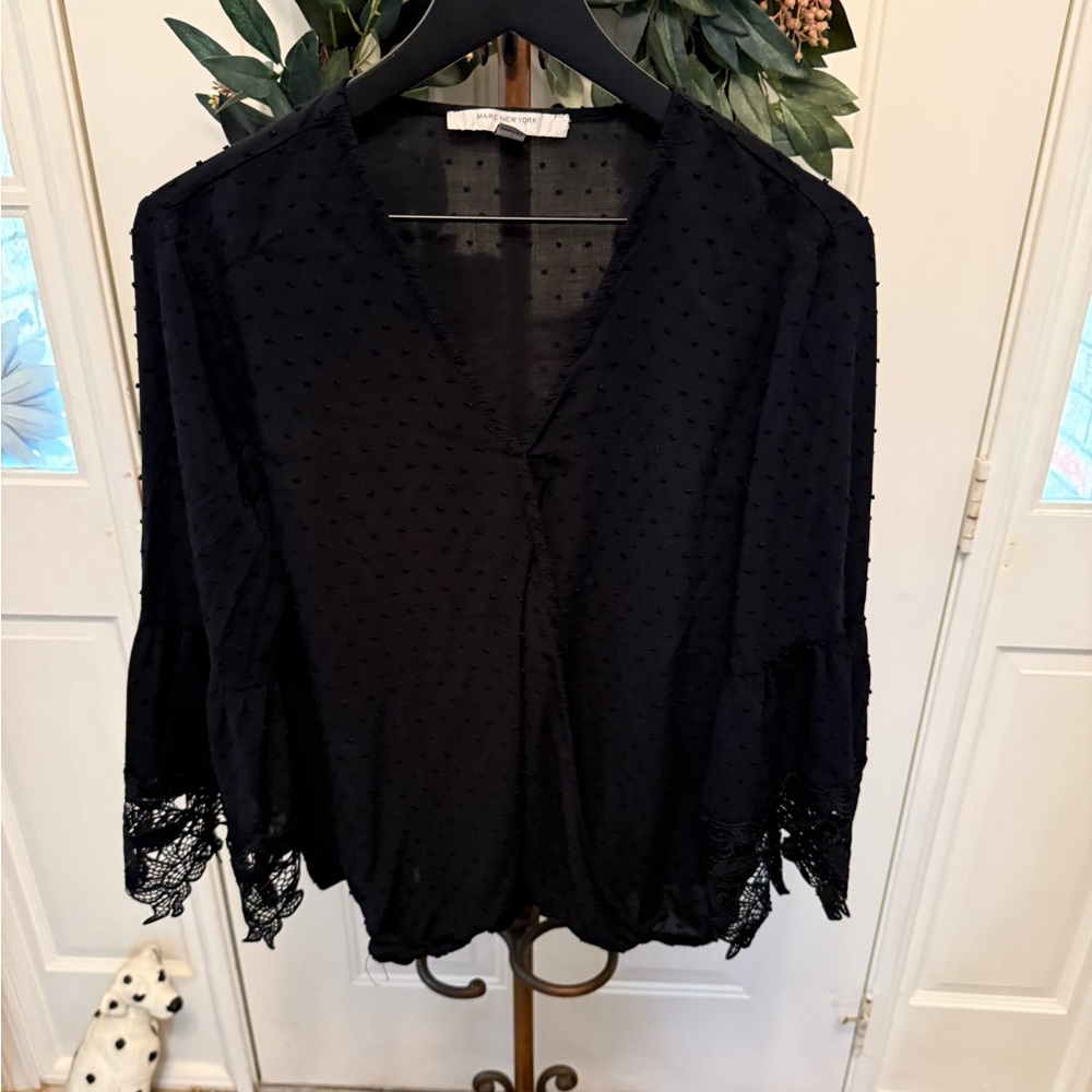 Marc New York Swiss Dot Polka Dot with Floral Lace Trim Faux Wrap Blouse Top XL